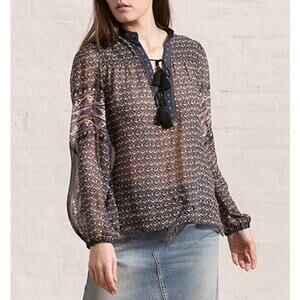 Ulla Johnson Amala Print Silk Double Tassel Sheer Peasant Top Size 0